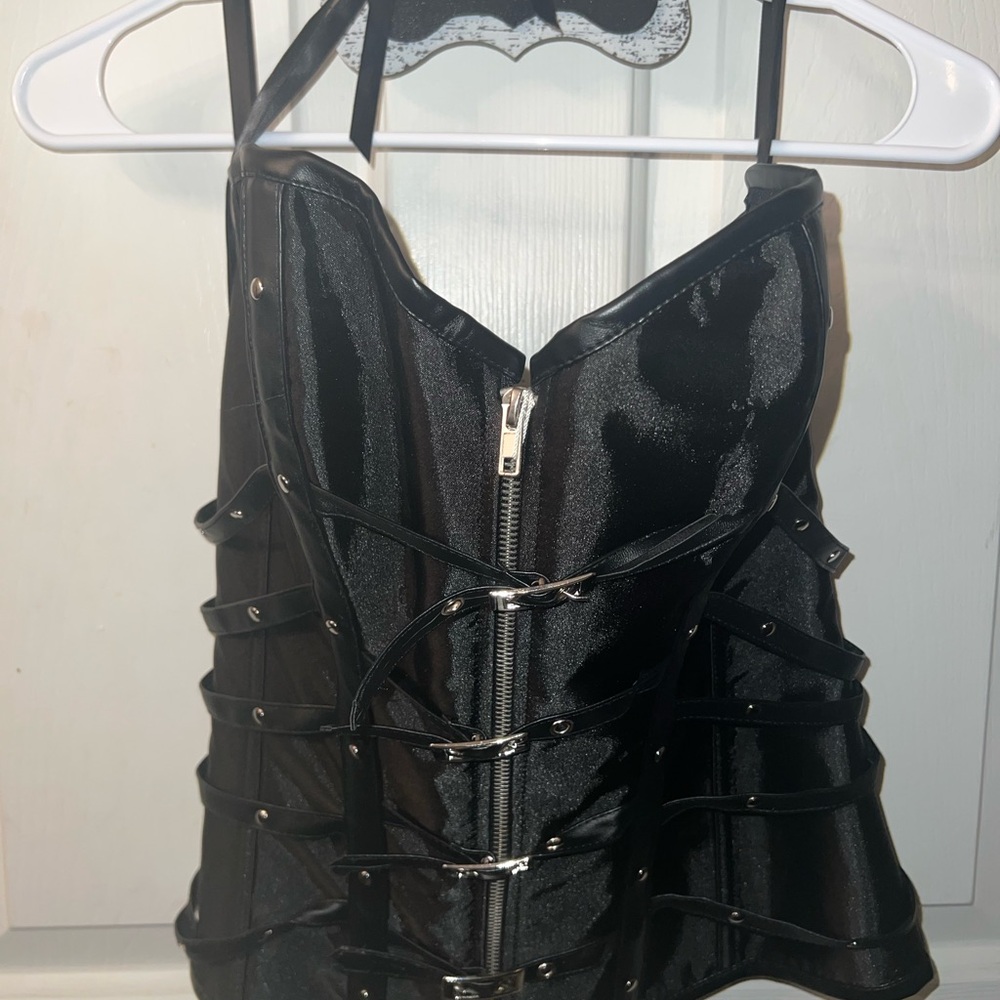 Charmian Gothic Punk Overbust Corset - Black/Silver - Size 3XL